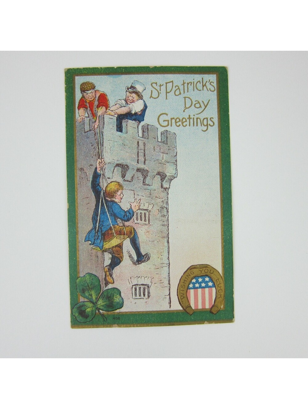 St. Patricks Day Postcard Men Castle Gold Horseshoe American Flag Antique 1909